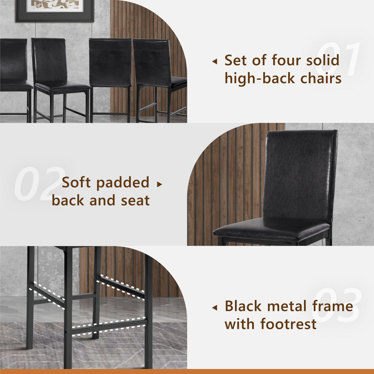 Lexicon Brown Faux Leather Counter Height Chairs, Set of 4, Black Metal