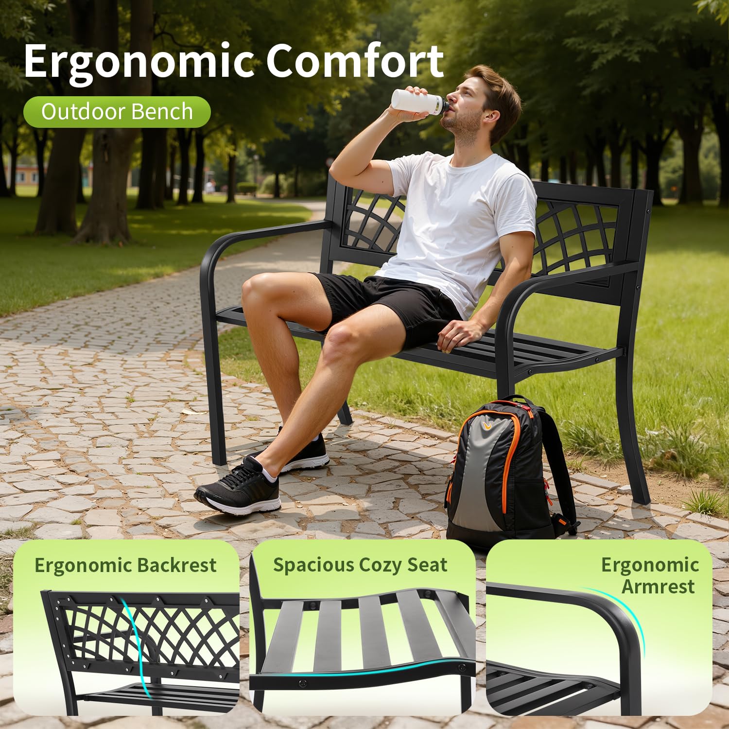 Outdoor Metal Garden Bench with Mesh Backrest