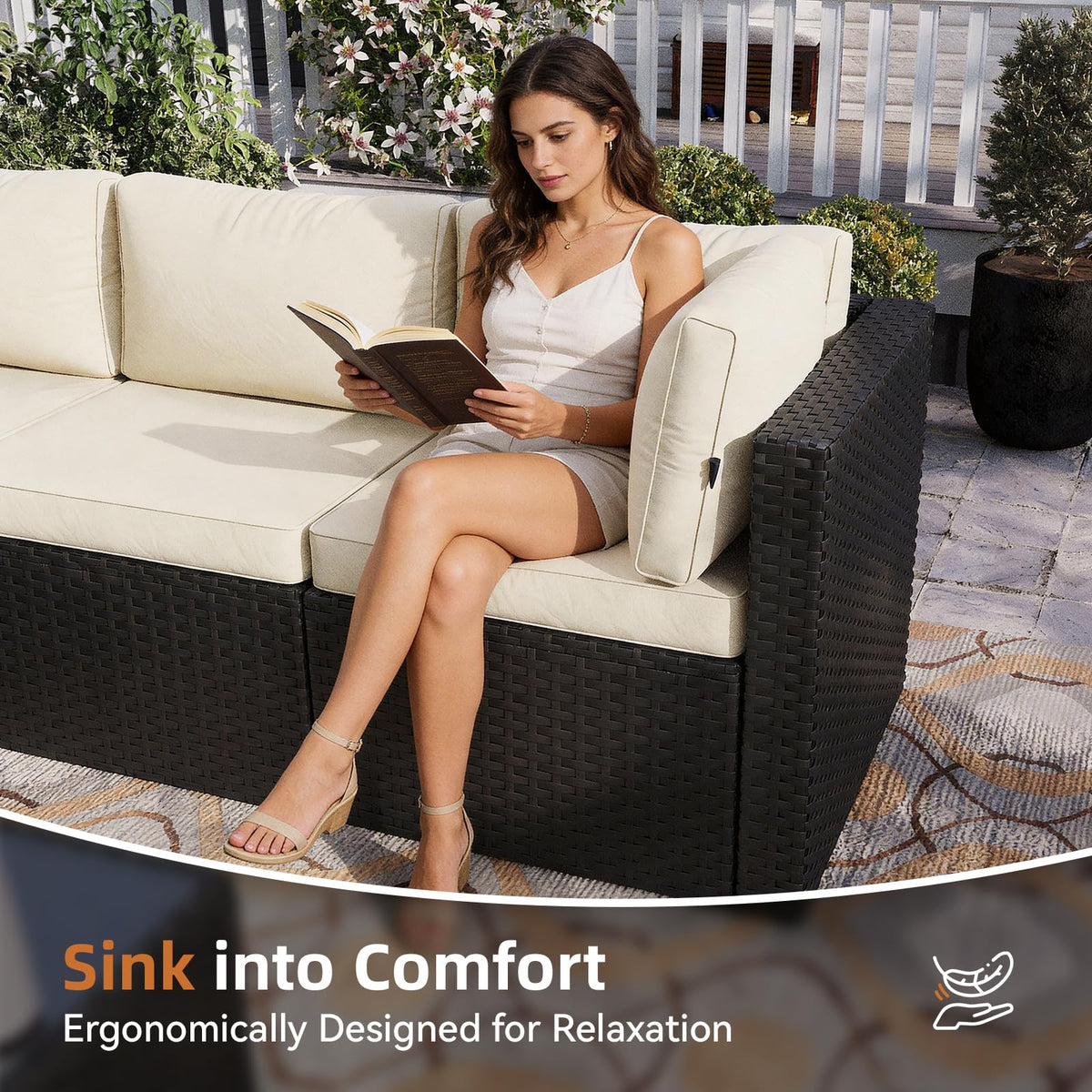 Aoxun Patio Furniture Set 5-Piece, Outdoor Sectional Sofas with Washable Cushion, Wicker Rattan Patio Conversation Sets for Backyard Porch and Poolside, Beige