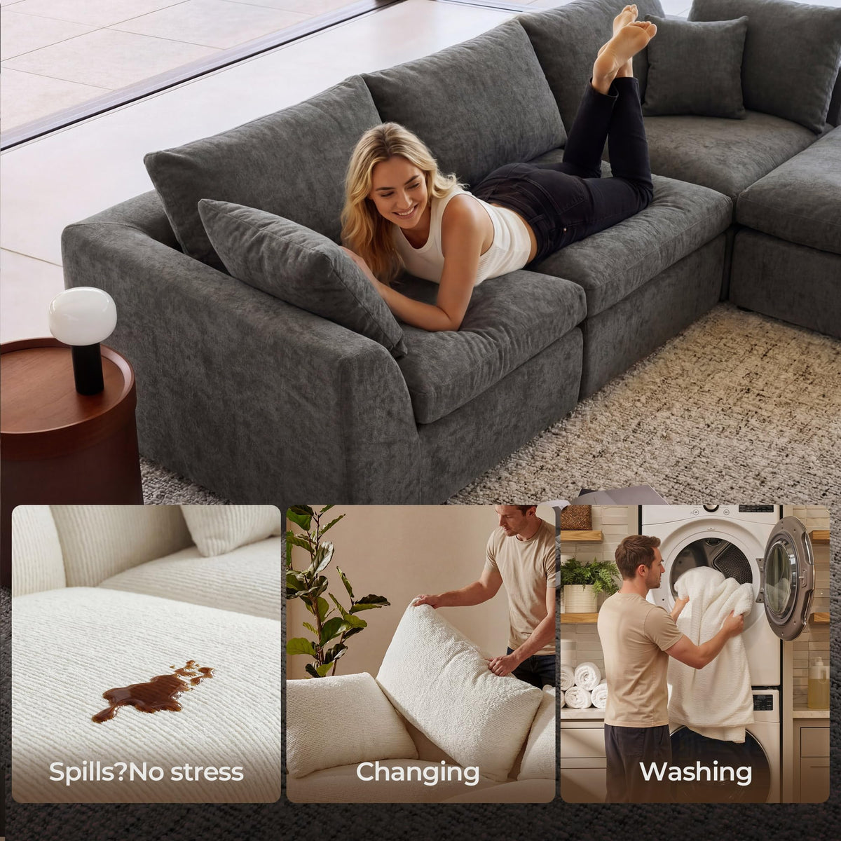L-Shaped Sectional Sofa with Washable Covers