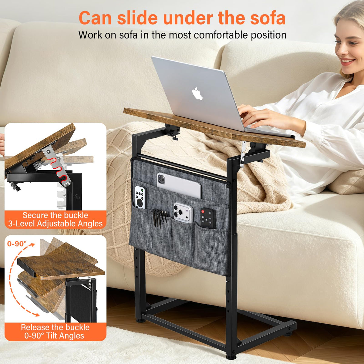 Small C Shaped End Table Set of 2, Slide Under Sofa Adjustable Height Side Table with Tilting Desktop, TV Tray Night stand with Storage Bag, Couch Table for Living Room Bedroom Narrow coffee table