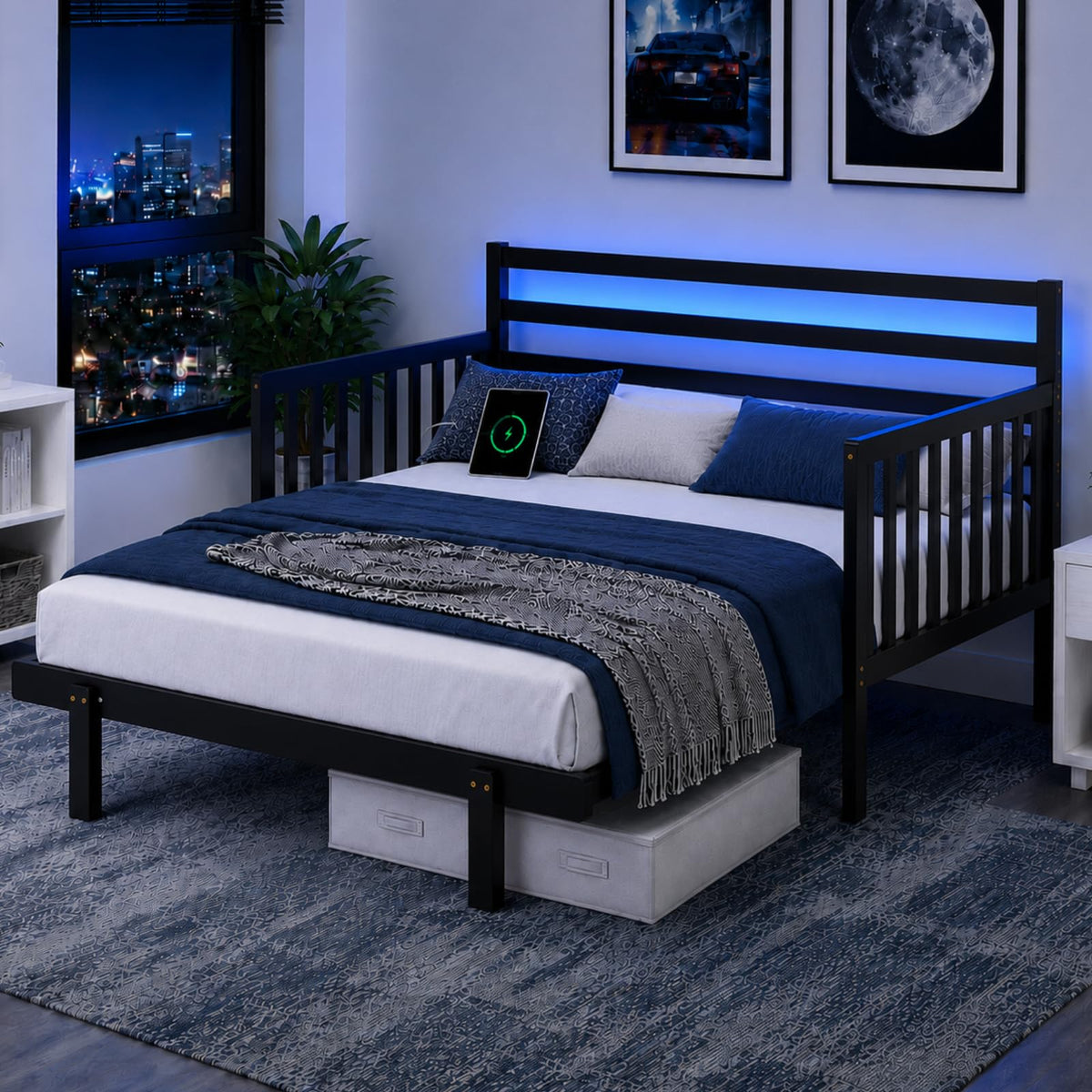 VINGLI 12 Inch Full Extendable Daybed with USB Ports and LED Lights,Black