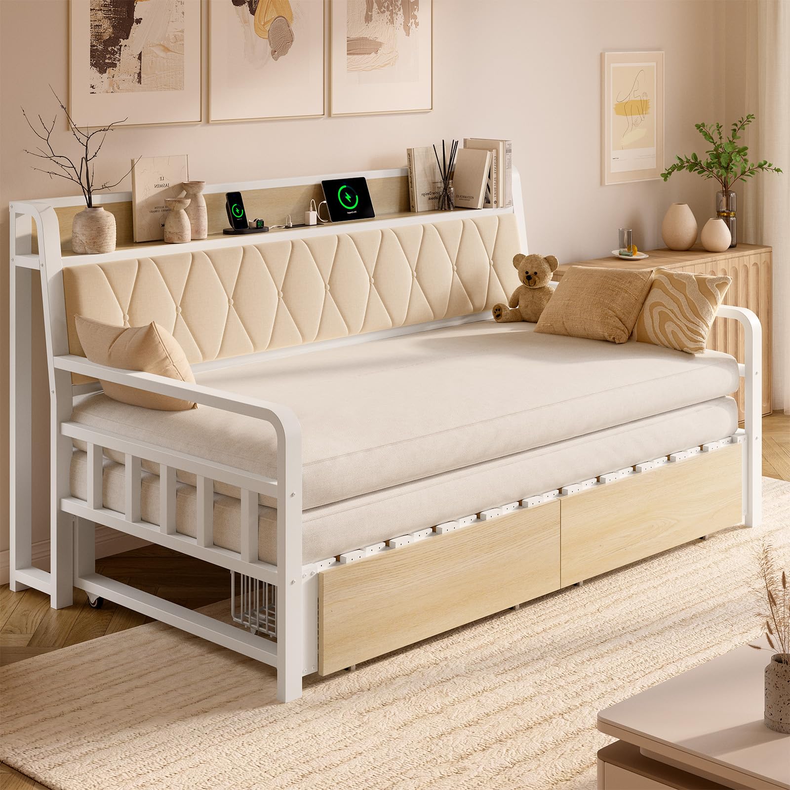 ONBRILL Twin Daybed with Trundle, Twin to King Daybed with Pop up Trundle, Metal Twin Day Bed Frame with Storage Drawers, Upholstered Headboard & Power Outlet for Living Room & Guest Room, White