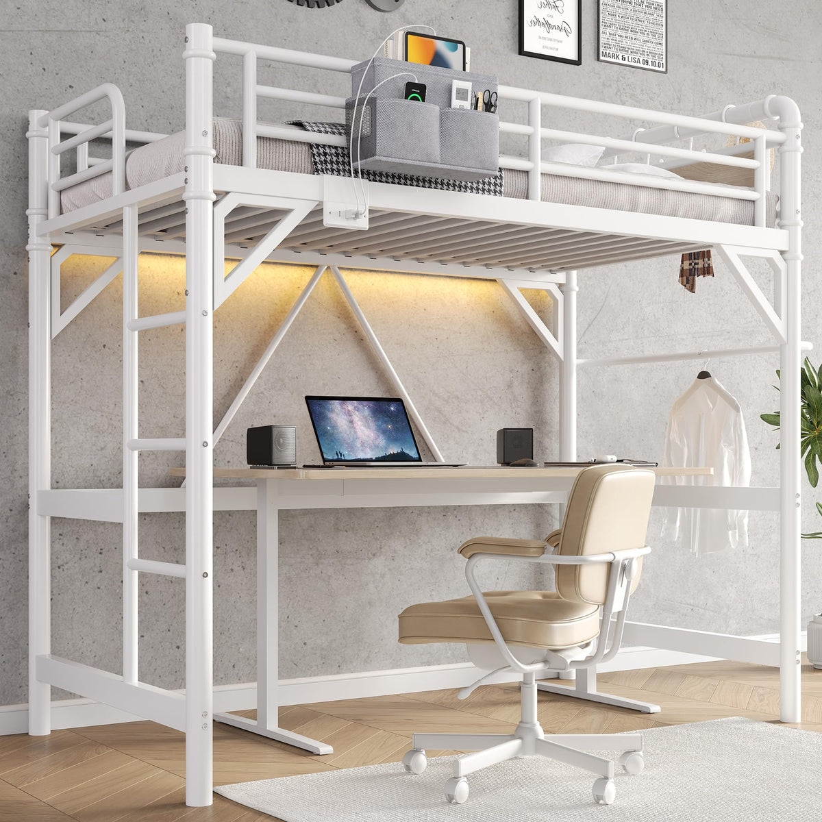 Twin Loft Bed with LED Lights & Charging Station