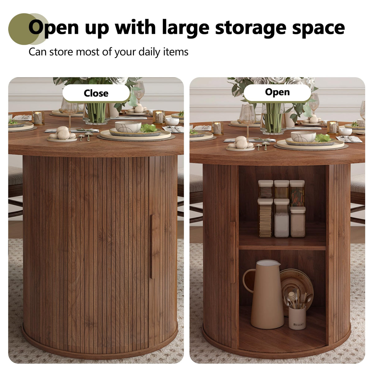 weselon 47 inch Round Dining Table for 4, Kitchen Table Dinner Table with 2-Layer Storage Shelf and Wood Slide Door for Home Dining Room Living Room (Walnut)