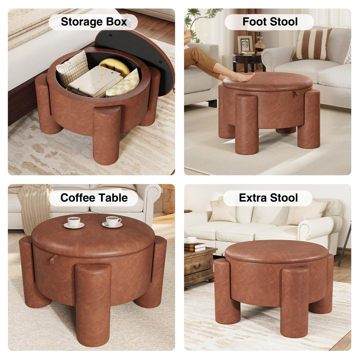 FiveWillowise 24 Inch Small Round Ottoman with Storage,Faux Leather