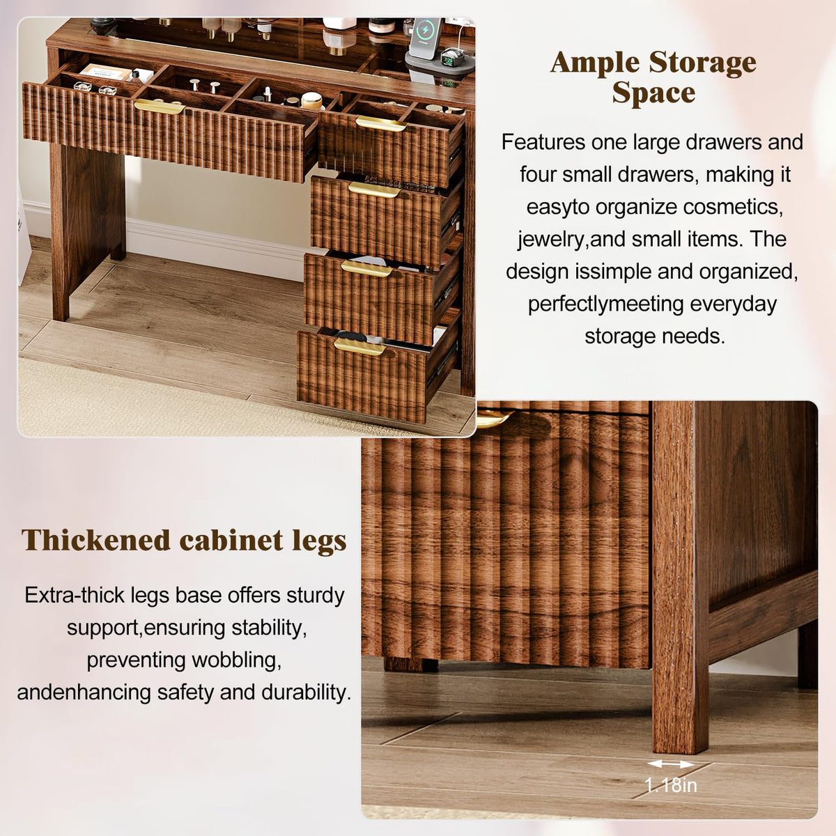 Chestnut Vanity Desk with Lighted Mirror