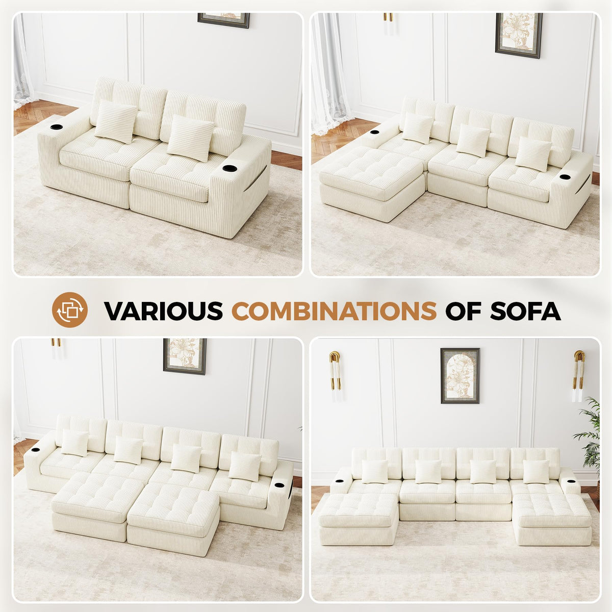 112" L Shaped Cloud Boneless Couch,Modern Modular Sectional Sofa with Layered Cushion,No Assembly Convertible Corduroy Couches for Living Room,Beige 1 PCS