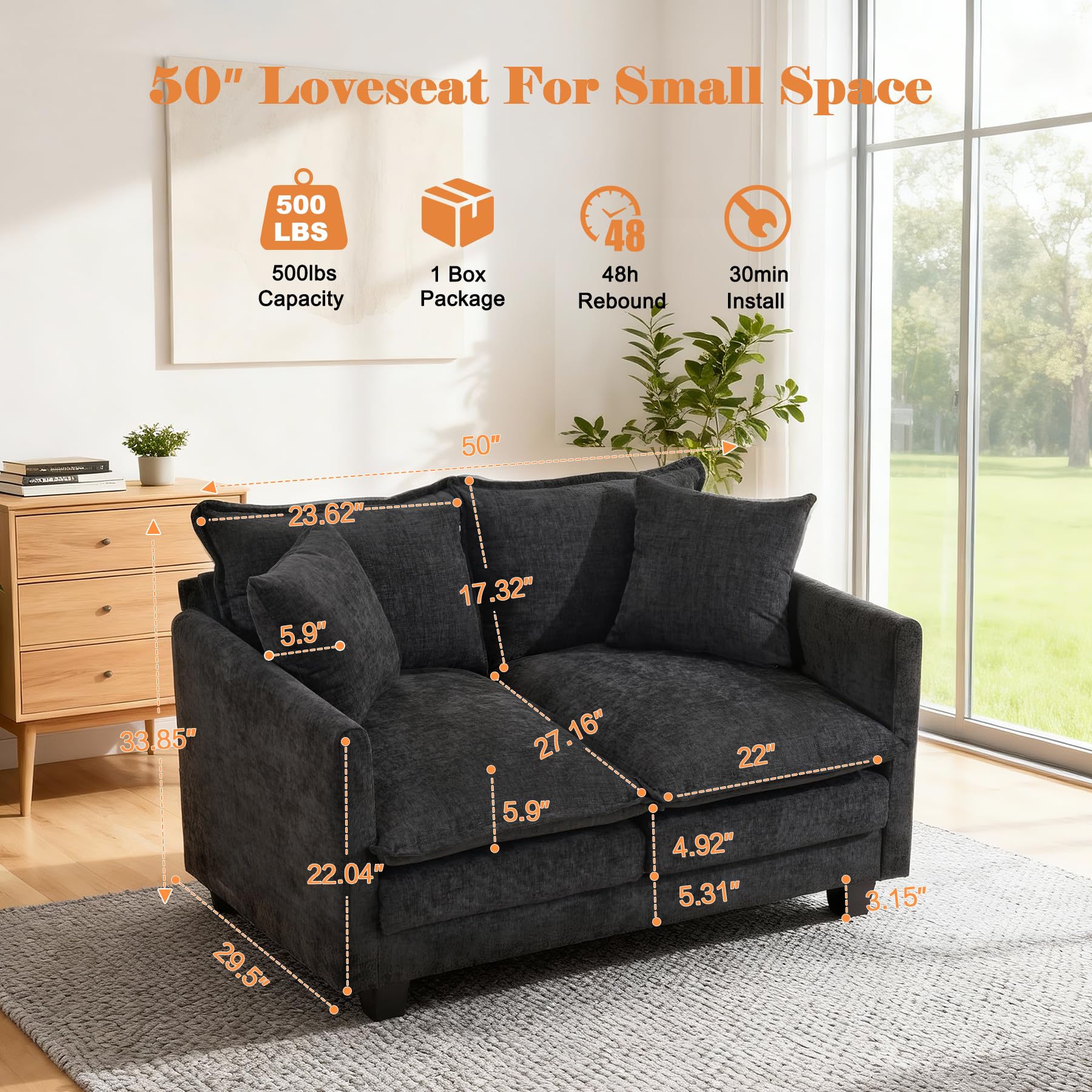 MUDANT Loveseat Sofa Cloud Sofa Couch 50'', Modern Loveseats 2 Seat Couch 27" Deep Seat with 2 Pillows for Small Spaces Apartment Studio Office Bedroom Living Room 8834-BLACK