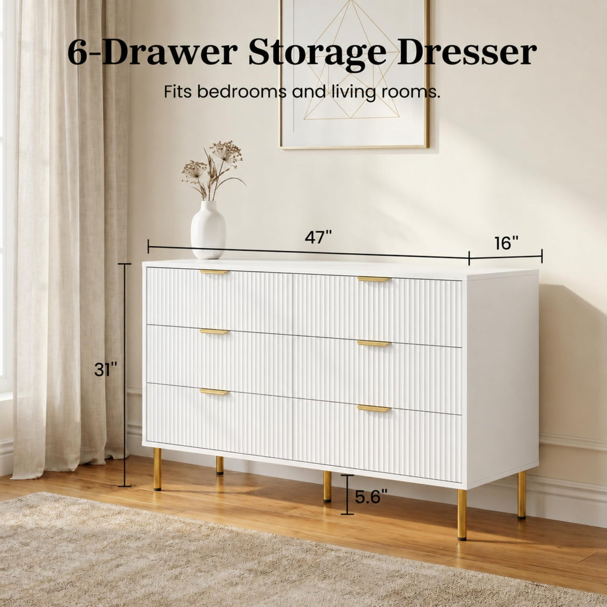 3-Piece Fluted Dresser and Nightstand Set, White and Gold