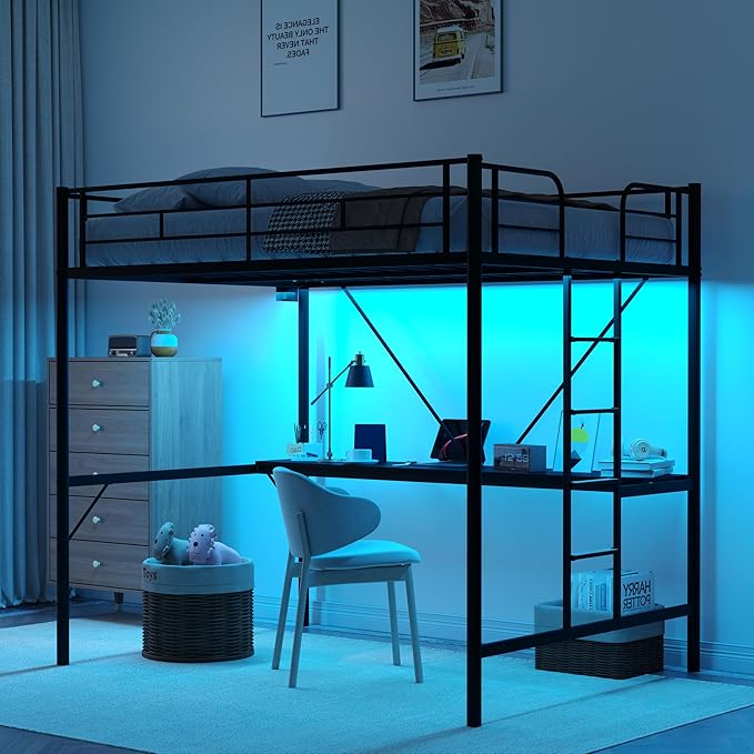 Queen Loft Bed with Charging Station & LED Lights