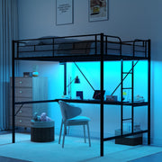 Metal Loft Bunk Bed with Desk, LED Lights & Charging Station