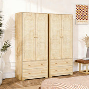 VINGLI Wardrobe Closet with Doors, Rattan Armoire Wardrobe Closet with Drawers & Hanging Rod, Wooden Armoire for Hanging Clothes, Natural Oak, 68.9" H
