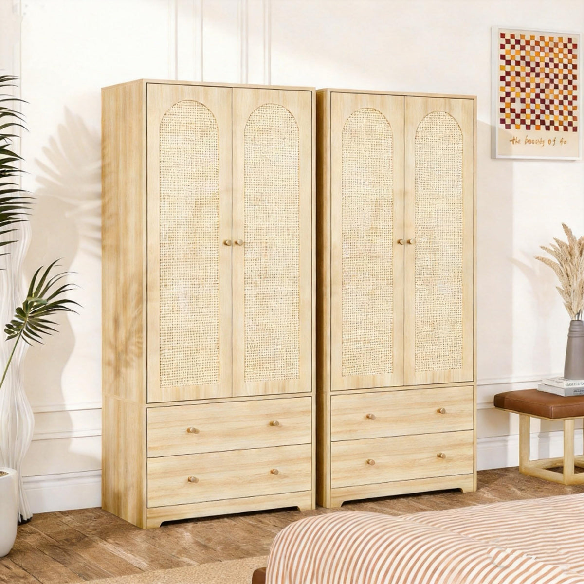 VINGLI Wardrobe Closet with Doors, Rattan Armoire Wardrobe Closet with Drawers & Hanging Rod, Wooden Armoire for Hanging Clothes, Natural Oak, 68.9" H