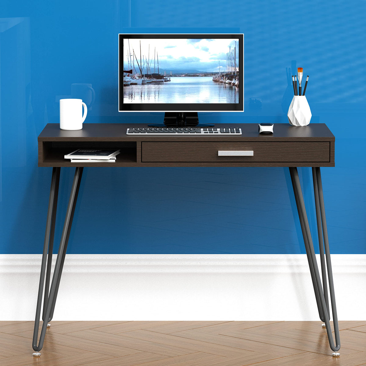 SHW Home Office Computer Hairpin Leg Desk with Drawer, Espresso