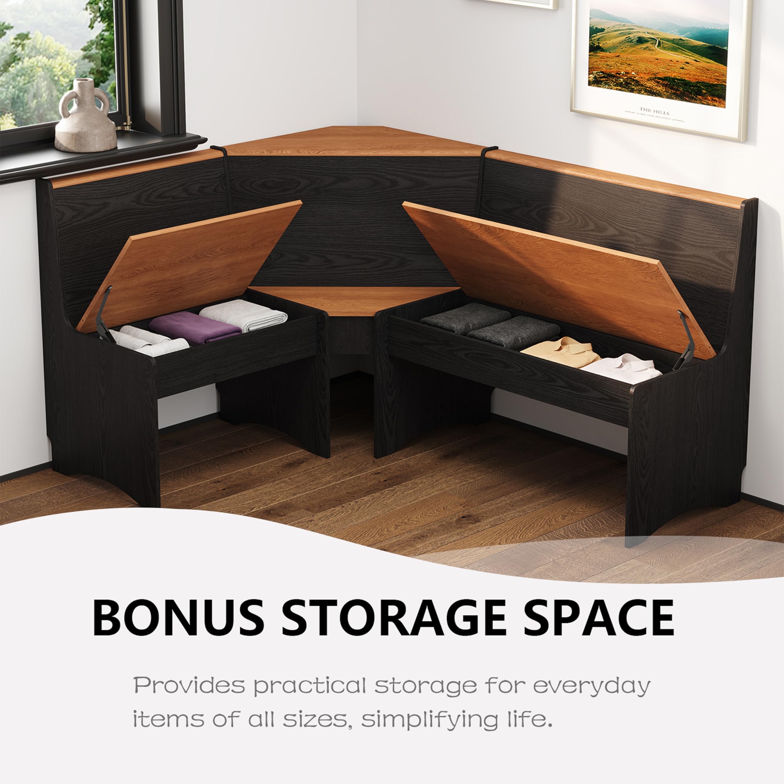 L-Shaped Breakfast Nook Table Set with Corner Bench & Storage
