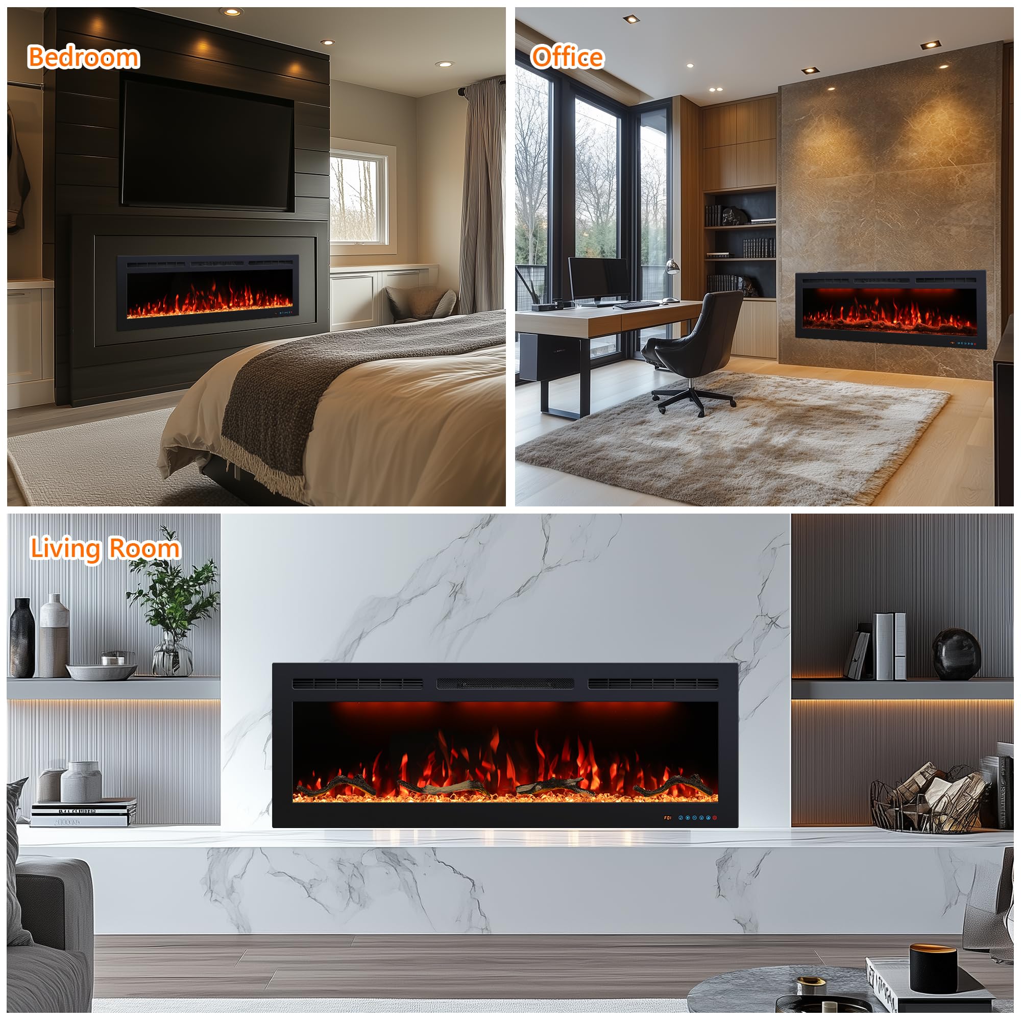 50 inch Electric Fireplace Heater, Smart Control via Alexa & App, Recessed and Wall Mounted Fireplace Insert w/Multicolor Realistic Flame Effects,Crackling Sound and Logs& Crystals, 1500W, Black