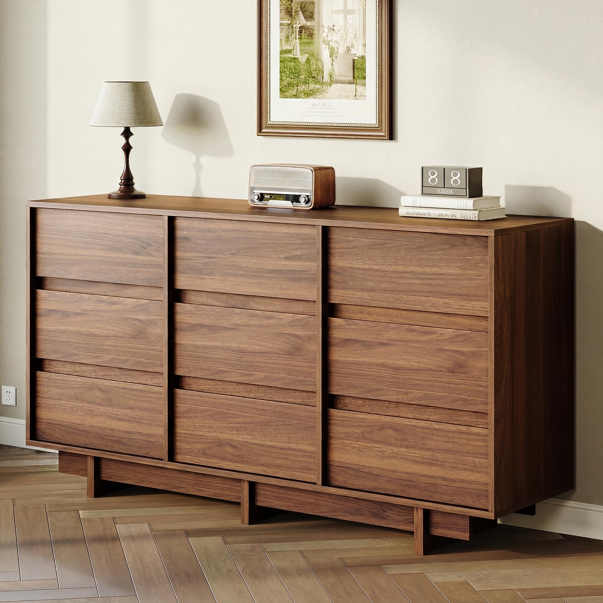 HOUROM Walnut Dresser for Bedroom with 9 Drawers,59" Wide Modern Dressers Chest of Drawers,Sturdy Base,Minimalist Linear Design,Wooden Closet Clothes Organizer for Bedroom,Hallway