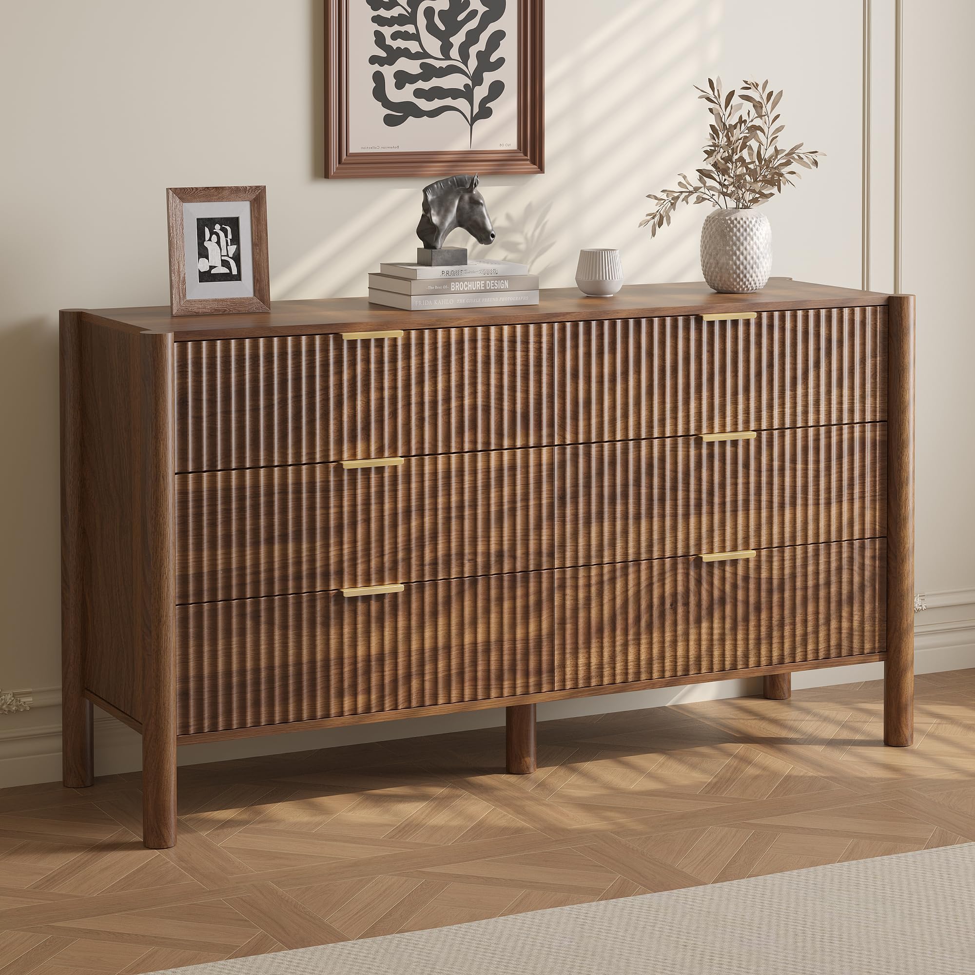 CHUWELL Fluted Walnut Dresser for Bedroom, 55.1" Wide Mid Century Modern Chest of Drawers with 4 Solid Wood Cylindrical Legs & Gold Metal Handles, 6 Drawer Large Dresser for Bedroom