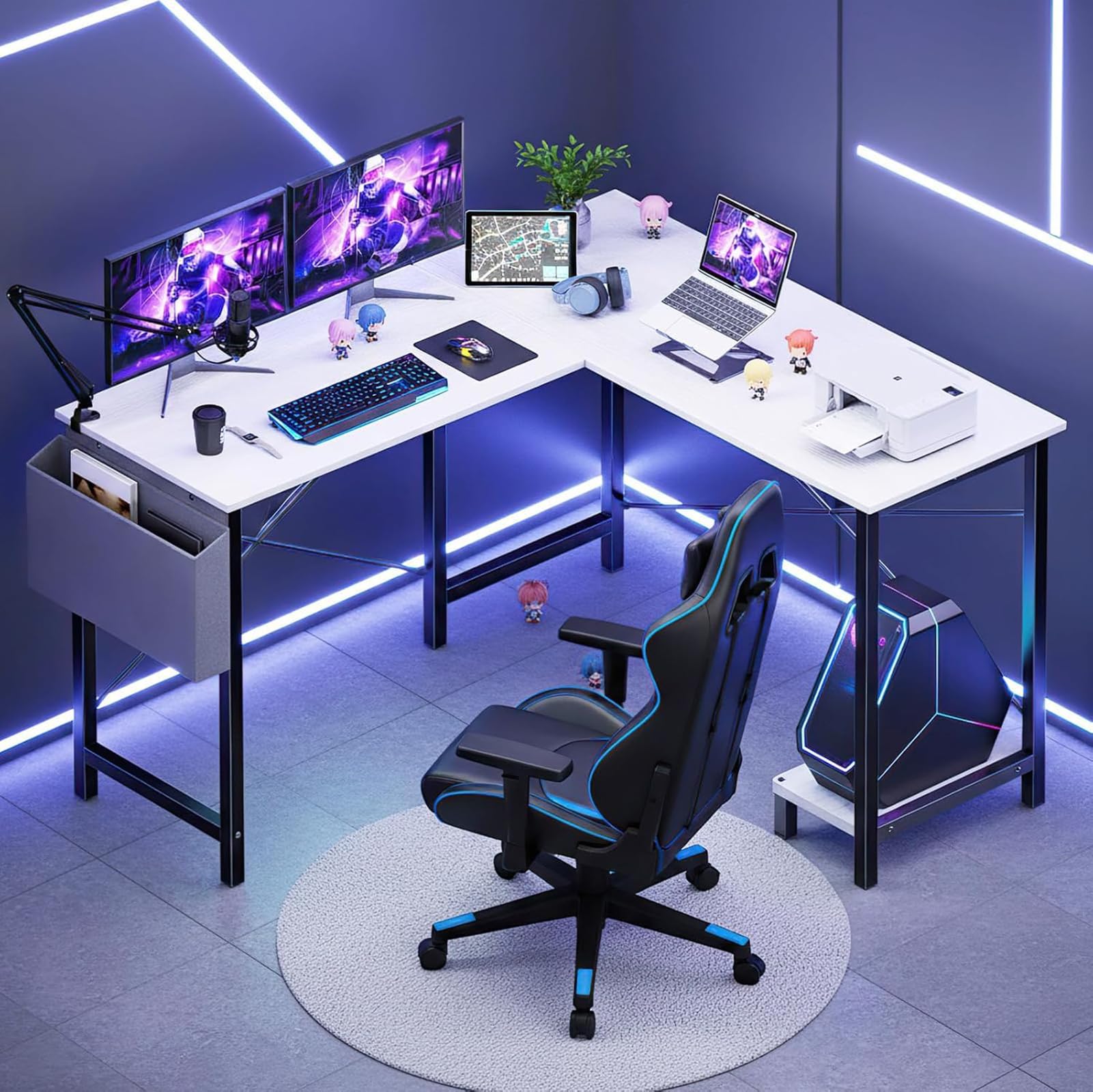Sweetcrispy L Shaped Desk - Computer Desk Corner Desks Gaming Desk PC Table with CPU Stand Side Bag for Home Office Dorm Sturdy Writing Workstation, White, 50-Inch