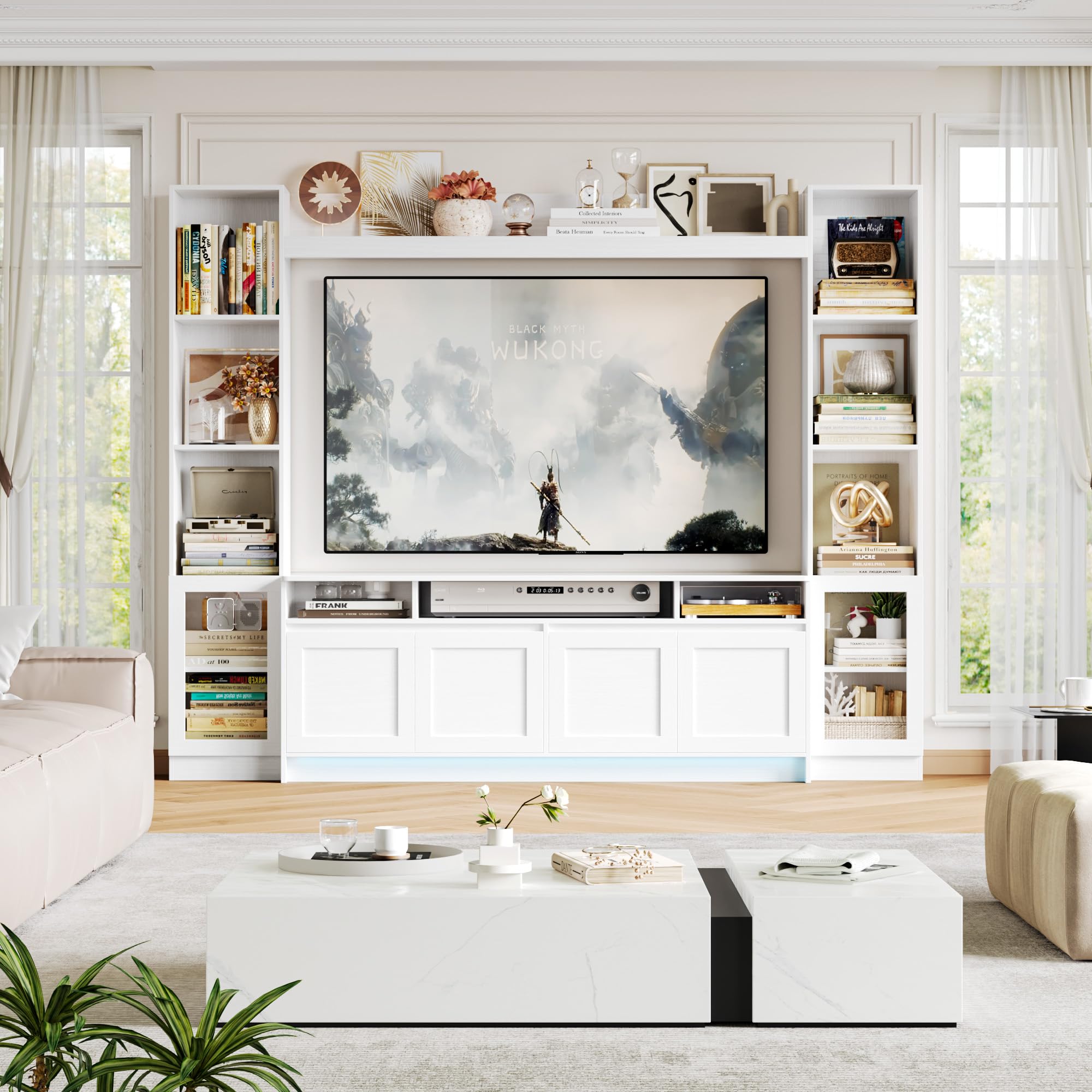 FACBOTALL 79" W Entertainment Center with Bookshelves & Storage Cabinet, Modern Wall Unit TV Stand for TVs up to 60", Large TV Console with LED Lights for Living Room, White