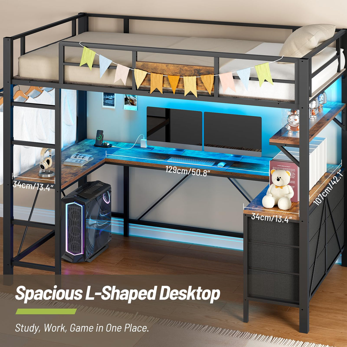 STHYTON Loft Bed Twin Size with Desk, 6 Storage Drawers & Power Outlet