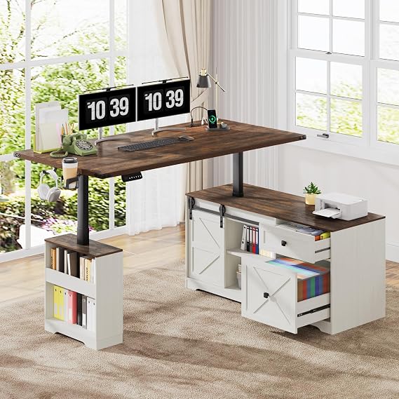 L-Shaped Electric Standing Desk with Sliding Door Storage