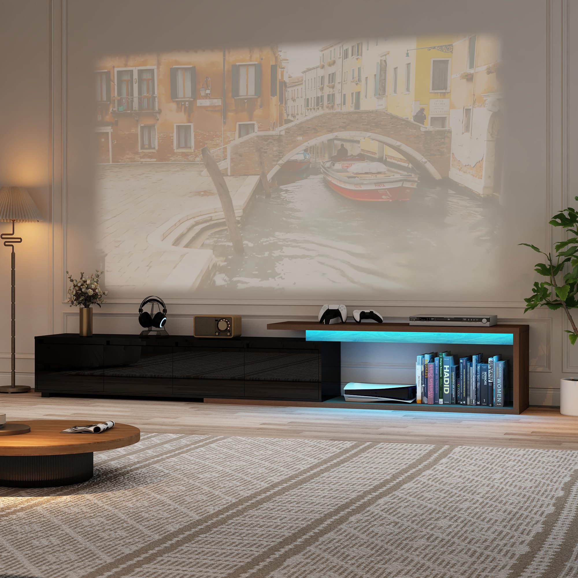 Extendable TV Stand with LED Light, Modern Entertainment Center for up to 120 Inch TV, Wood TV Media Console with 2 Drawers & 2 Cabinets for Living Room Bedroom, 75"-110", High Gloss Black & Walnut