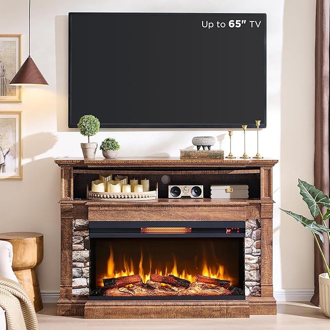 52" Fireplace TV Stand with 3-Sided Glass, Fits TVs up to 65"