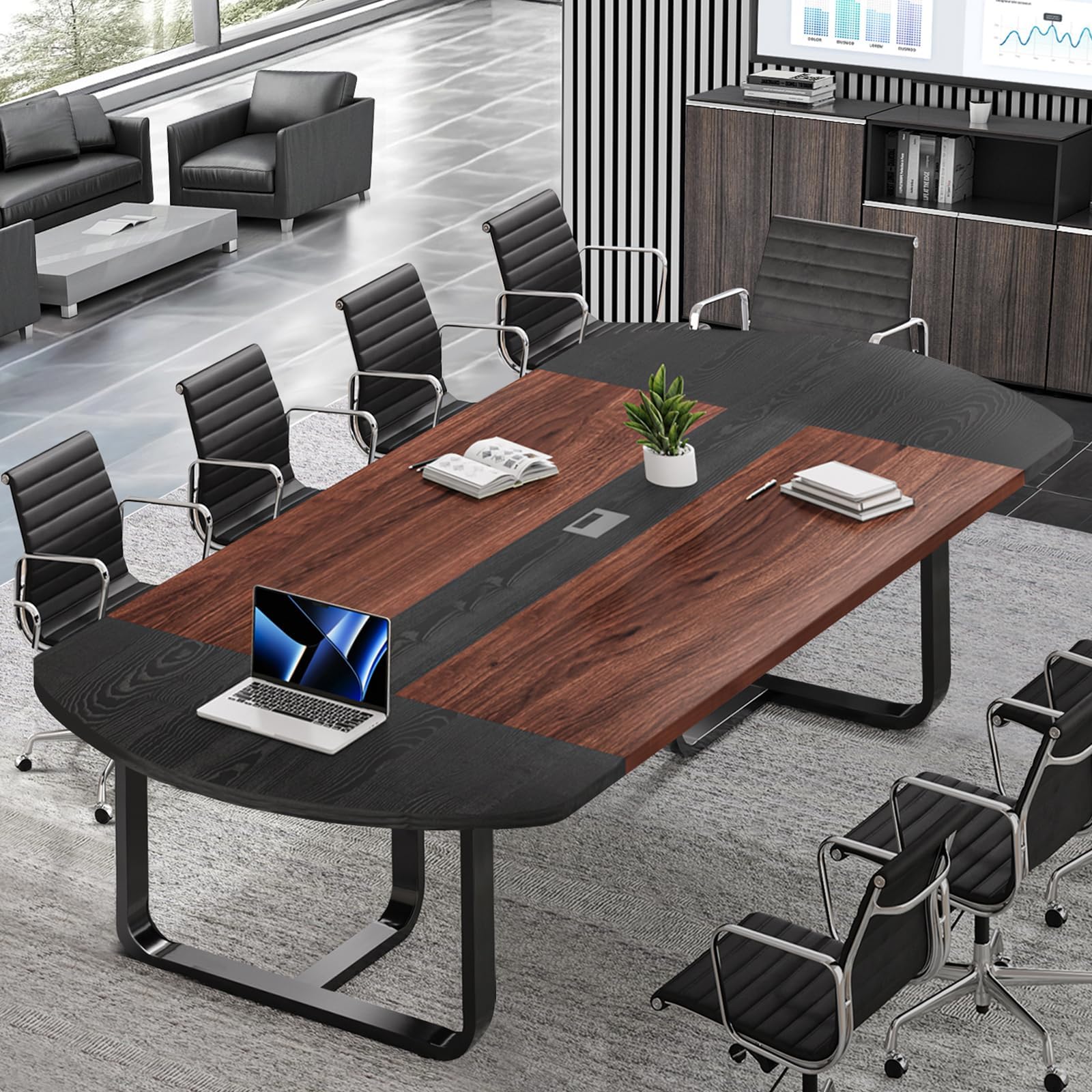 8FT Oval Conference Table – Walnut & Black