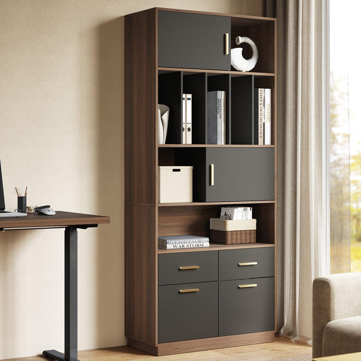 Tall Bookcase with File Drawers