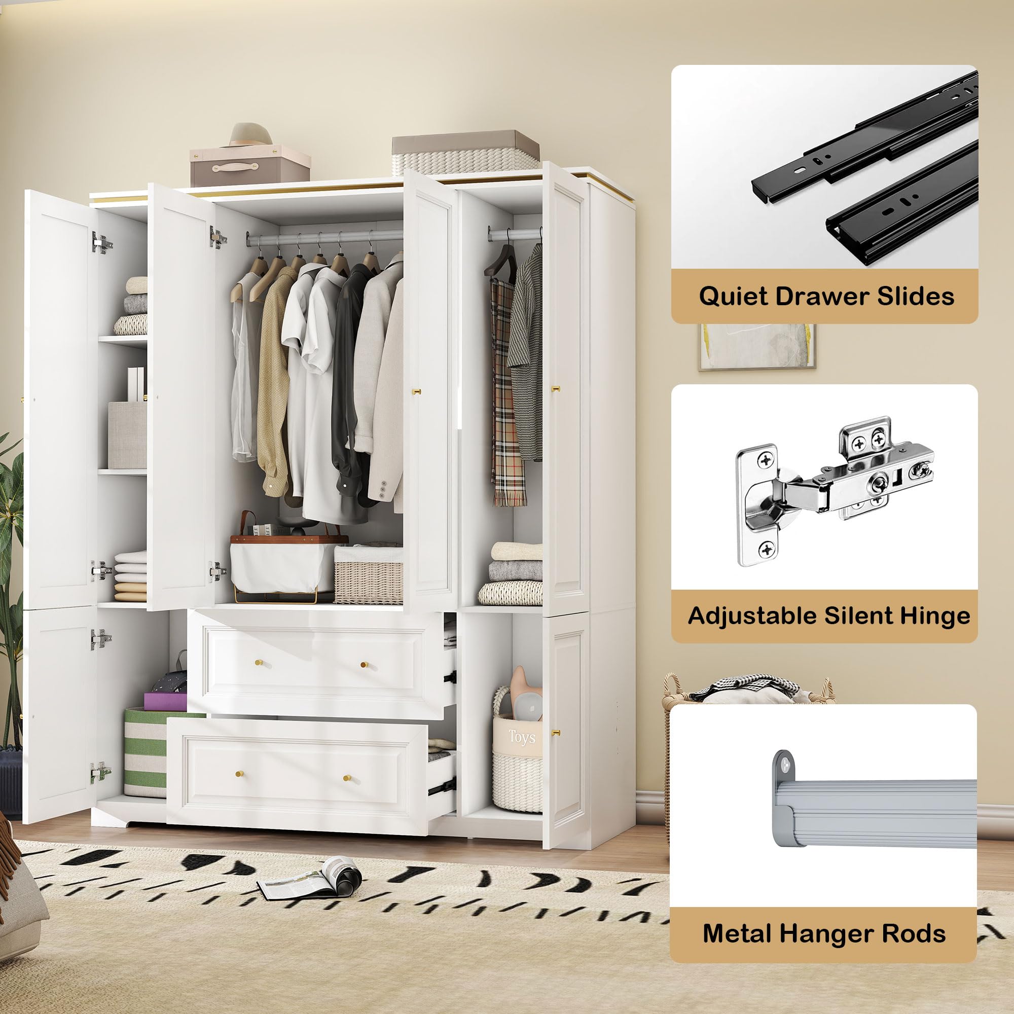 LABROSKIA White Wardrobe with 2 Drawers: 74" Large Wardrobe Closet for Hanging Clothes, Tall Armoire Closet with 4 Doors, Bedroom Armoires with Hanging Rod (59")