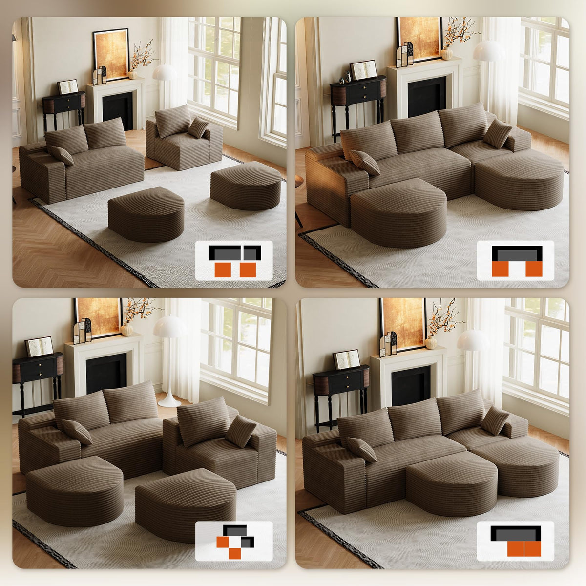 U-Shaped Modular Boneless Sectional Sofa with Curved 2 Ottomans, Dark Brown