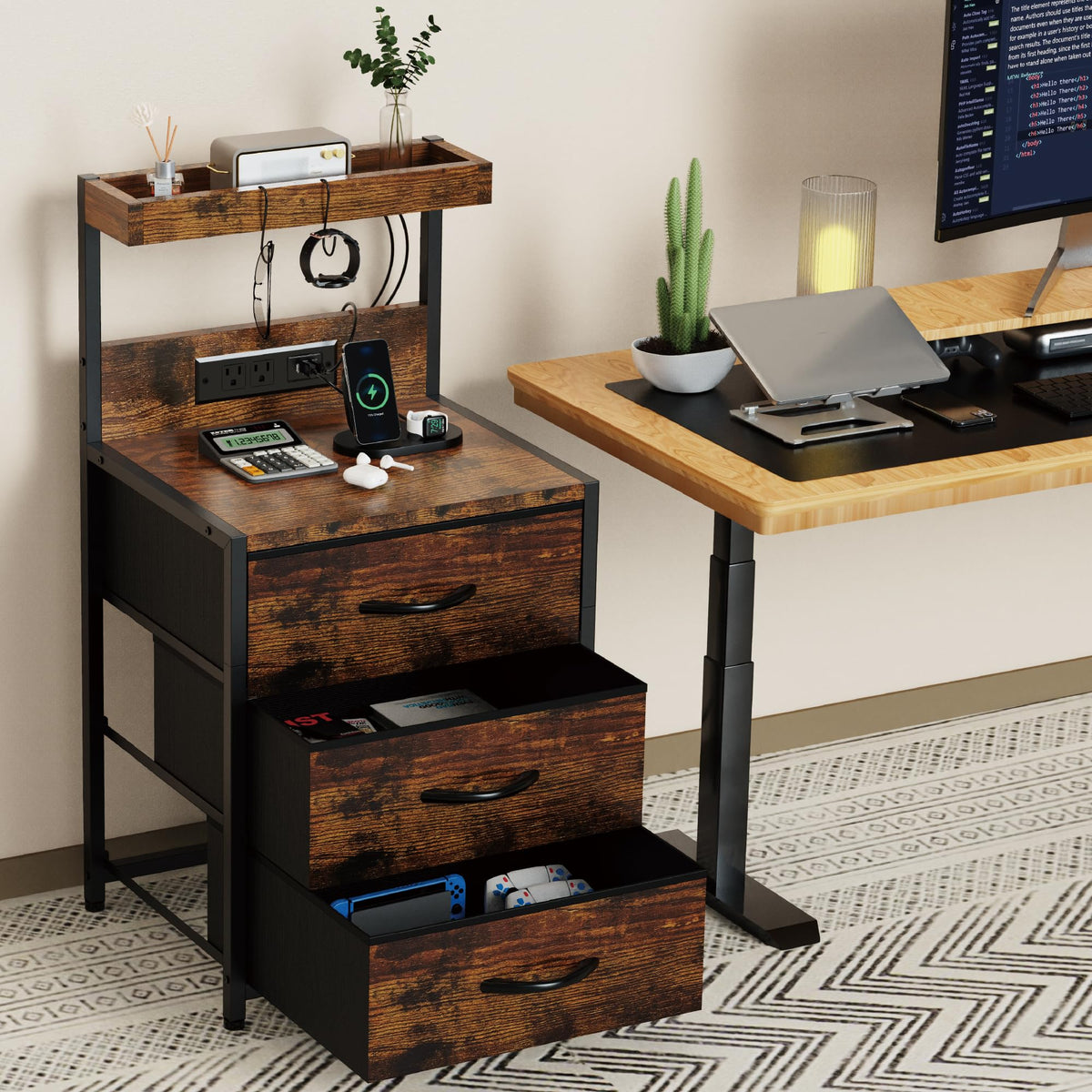 SZLHANJZ Nightstands Set of 2, LED Light and Charging Station, 3 Drawers