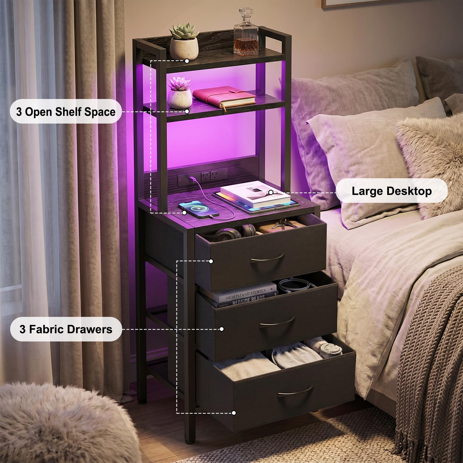 Fixwal 41 Inch Tall Nightstand with Charging Station, 3 Fabric Storage Drawers and Shelves, Led Night Stand with U-S-B Port & Socket, Bedroom Dorm Office, Bedside Table & Bookshelf in One, Black