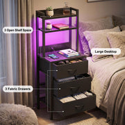 Fixwal 41 Inch Tall Nightstand with Charging Station, 3 Fabric Storage Drawers and Shelves, Led Night Stand with U-S-B Port & Socket, Bedroom Dorm Office, Bedside Table & Bookshelf in One, Black
