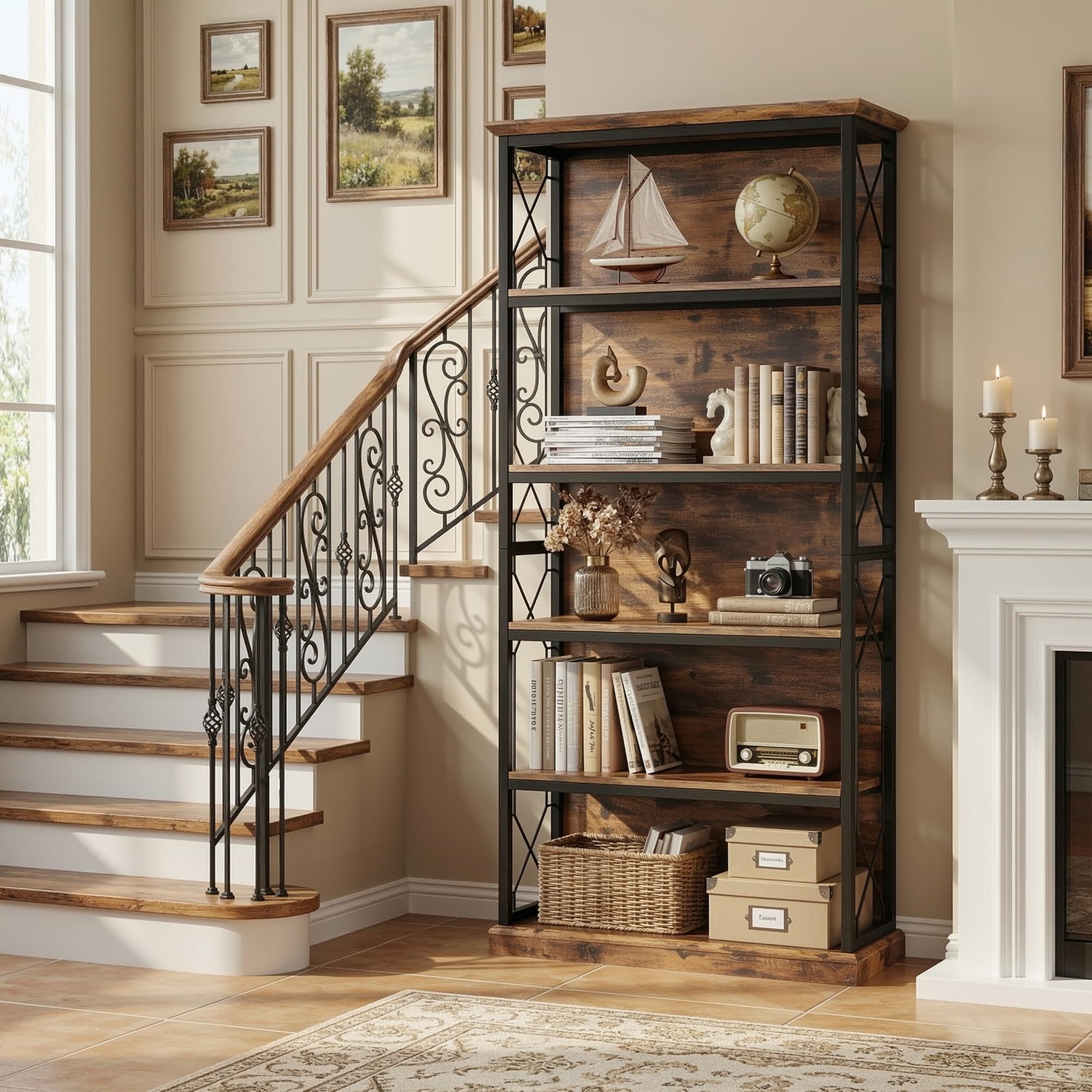IRONCK 71 Inch Industrial Bookshelf, 5 Tier Tall Bookshelf and Bookcase to Display and Collect, Thicken Wood Rustic Book Shelf with Thicken Metal Frame for Living Room and Bedroom, Rustic Brown