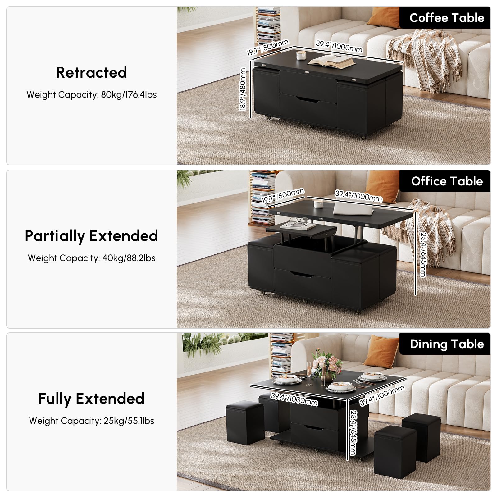 homary Coffee Table with Stools, Black 3-in-1 Modern Lift-Top Folding Center Table with Hidden Storage, Casters, and Lockable Wheels ¨C Convertible Dining & Office Table for Living Room