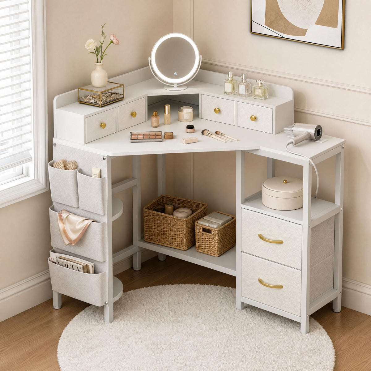 Corner Vanity Desk with Charging Station