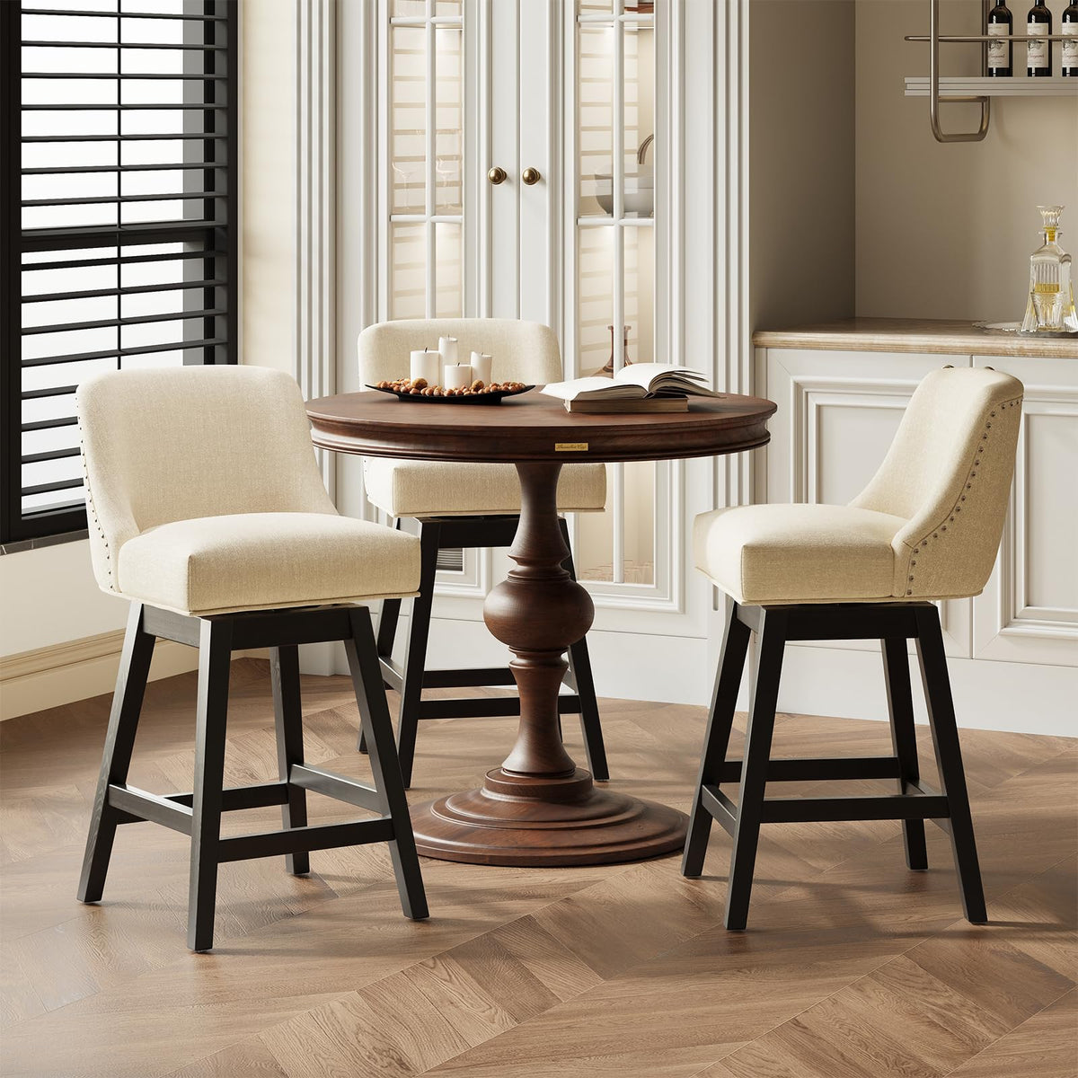 MALOL 27" Swivel Bar Stools Set of 3, Upholstered Barstools with Padded Seats and Solid Wood Legs, Counter Height Kitchen Stools for Kitchen Island, Breakfast Nook, Beige