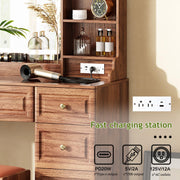 Arulvmrn 43" Makeup Vanity Desk with Mirror and Lights, & Power Outl, Glass Top Big Vanity Table with 9 Drawers& 8 Storage Shelves, Dressing Table Set with Chair for Bedroom, Brown