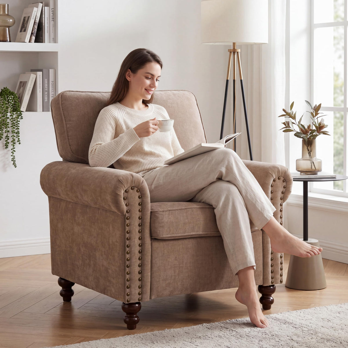 Brown Chenille Nailhead Accent Chair