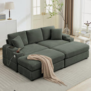 Green Corduroy Modular Sofa with Ottomans
