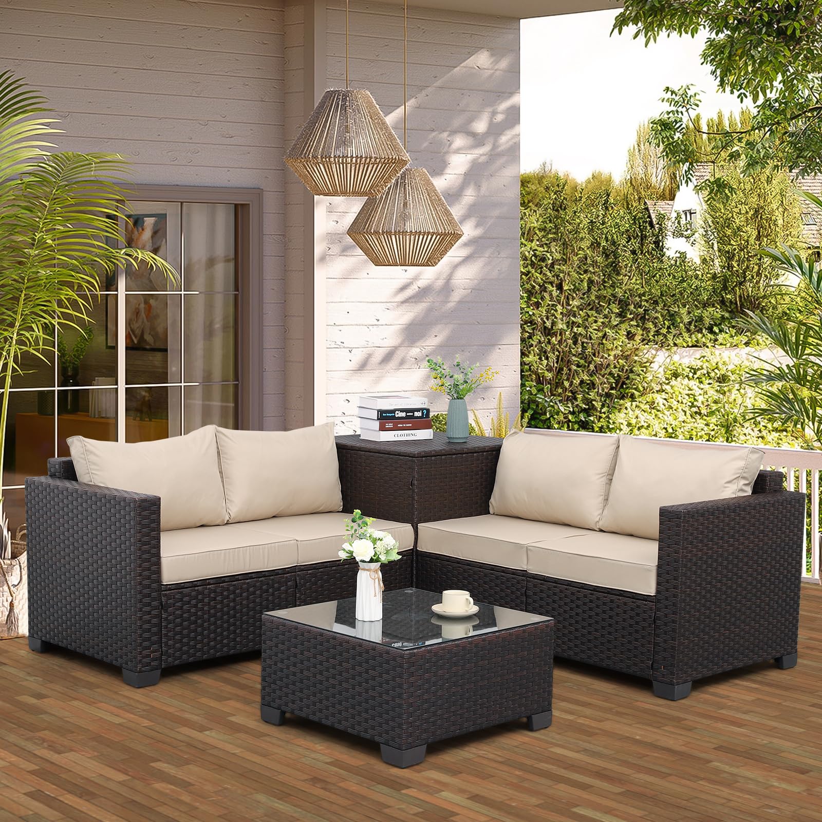 4-Piece Outdoor Wicker Sectional Sofa Set with Storage Box & Glass Top Table