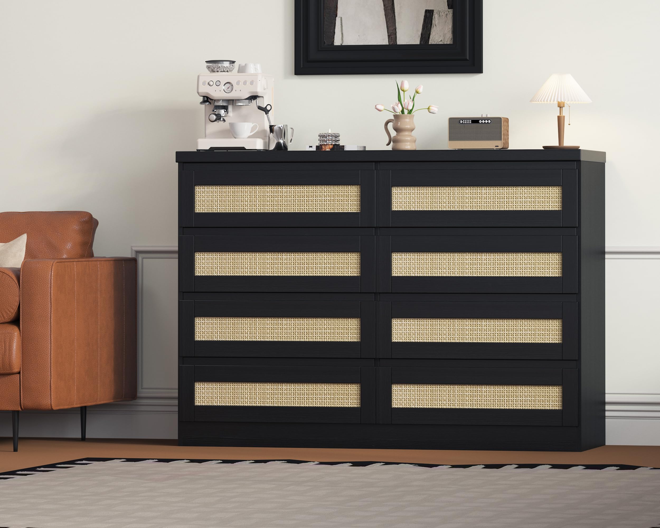 MilleLoom 47 Inch Rattan 8 Drawer Dresser, Modern Farmhouse Chest of Drawers, Tv Stand Dresser Accent Furniture for Living Room, Bedroom, Entryway