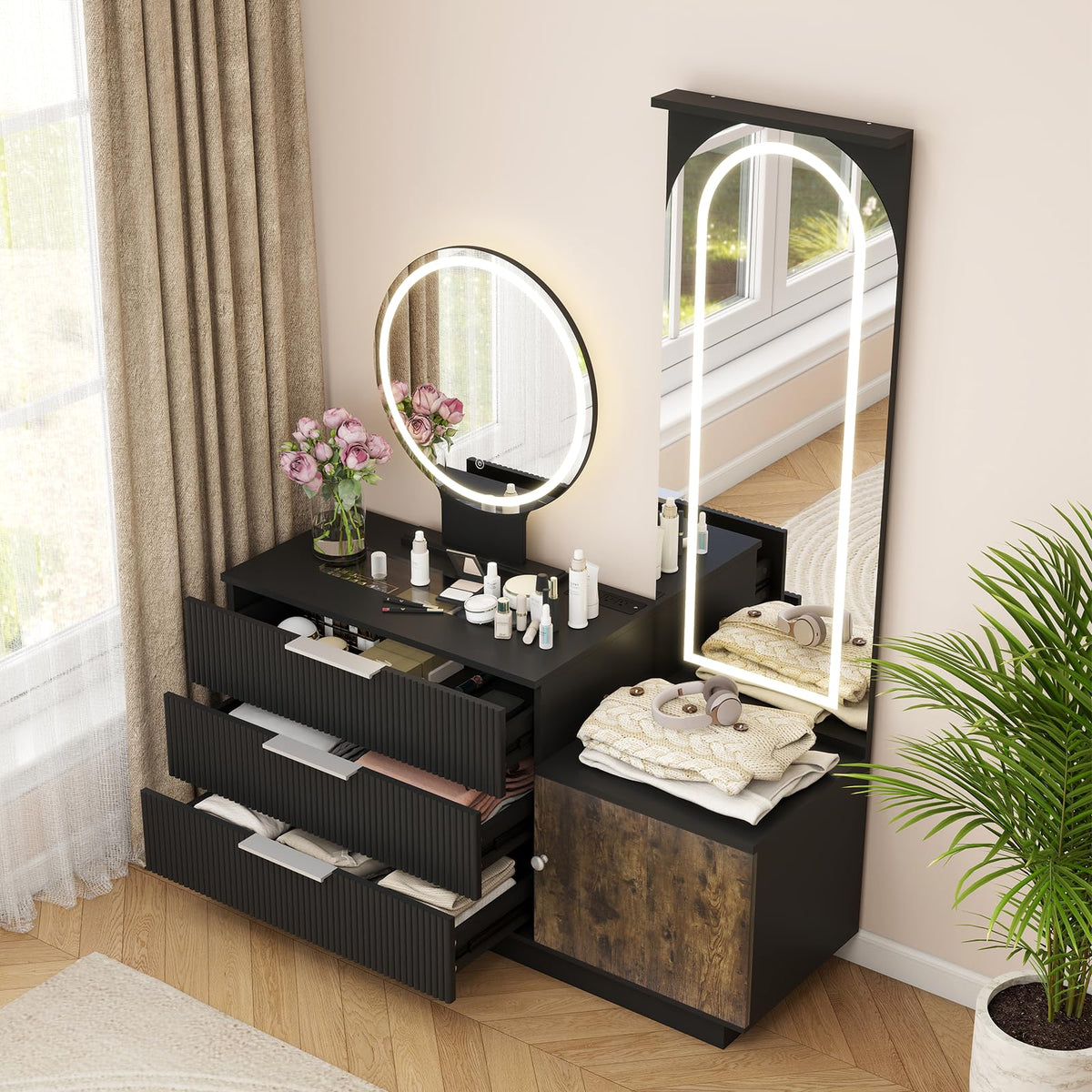 ARTETHYS Vanity Desk with Full Length Mirror, Charging Station & Lights