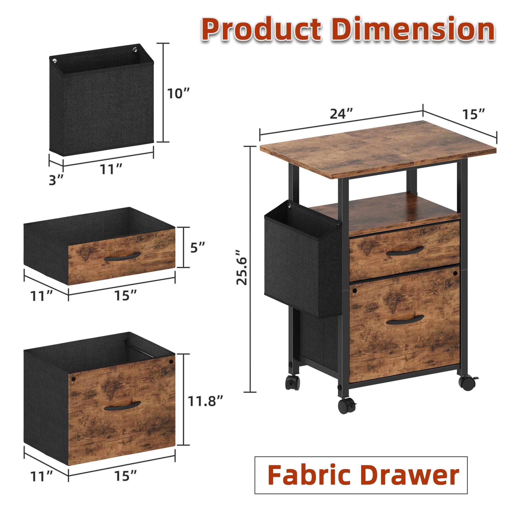 2-Drawer Rolling File Cabinet with 24" Extended Desktop