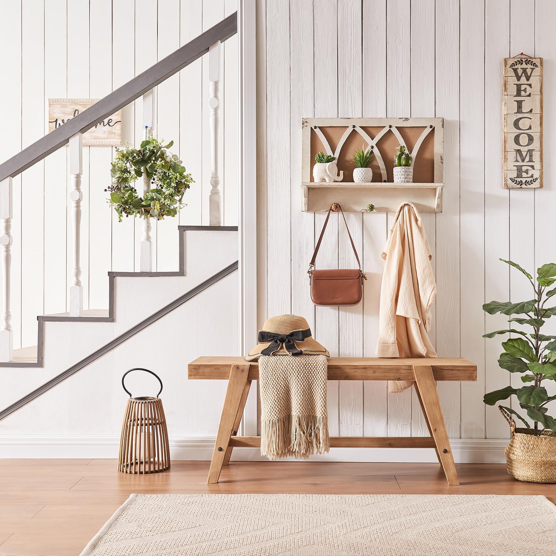 HOKYHOKY Farmhouse Solid Wood Entryway Bench – 43.4 Inches Rustic Long Bench, Dining Bench with Angled Legs, Hand-Finished Natural Grain, for Foyer, Hallway, Bedroom