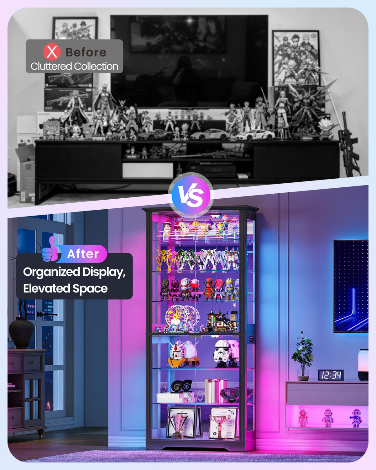 TAGELIER Glass Display Cabinet with RGB Lights & Adjustable Shelves