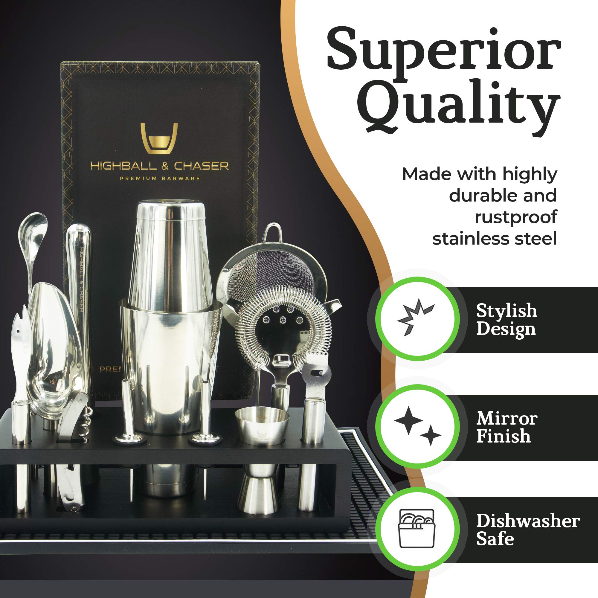 Highball & Chaser 13-Piece Boston Cocktail Shaker Set Stainless Steel Mixology Bartender Kit With Stand For Home Bar Cocktail Set | Laser Engraved Cocktail Tools | Plus E-Book with 30 Cocktail Recipes